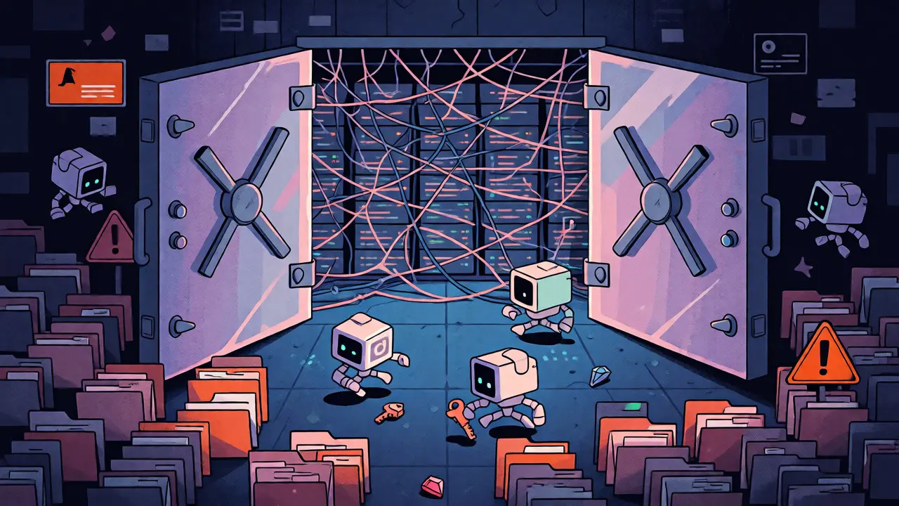 AI robots wandering through scattered folders outside a secure vault