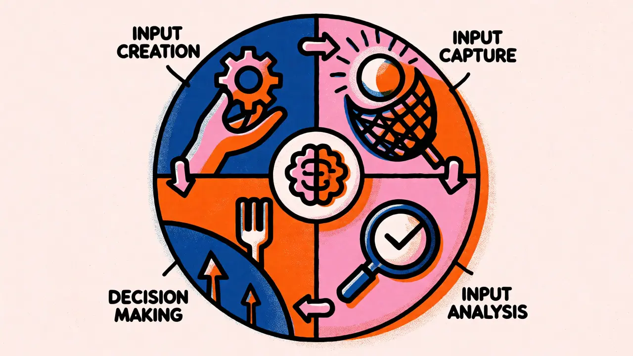 Circular feedback loop diagram with four stages in risograph print style