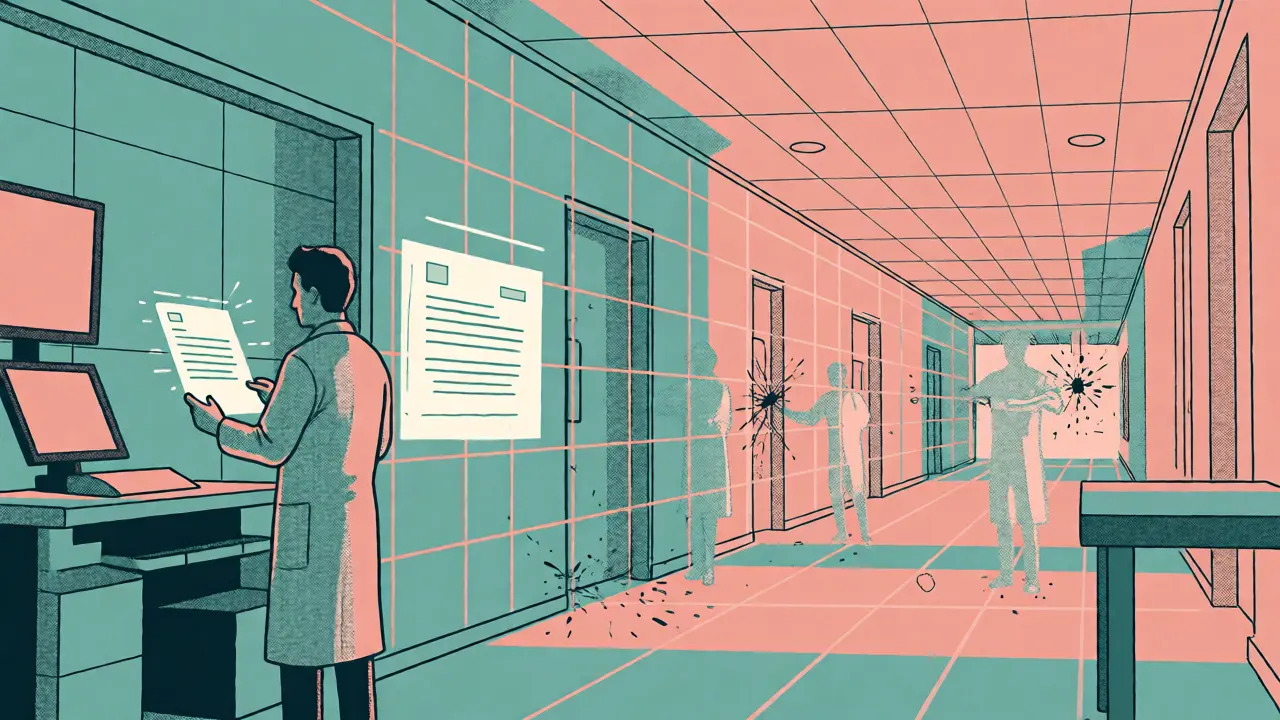 Clinician validating AI output in hospital hallway amidst shadow IT chaos