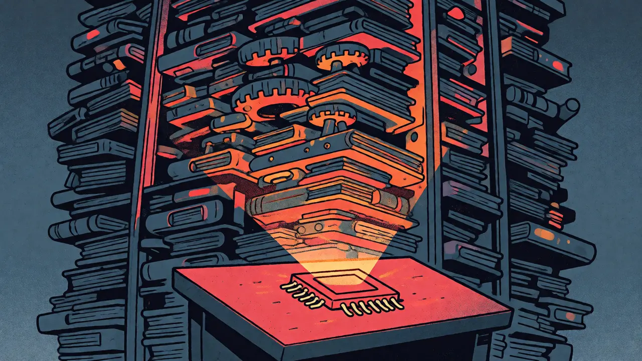 Conceptual art showing a small efficient chip mirroring the power of a massive server rack via distillation.