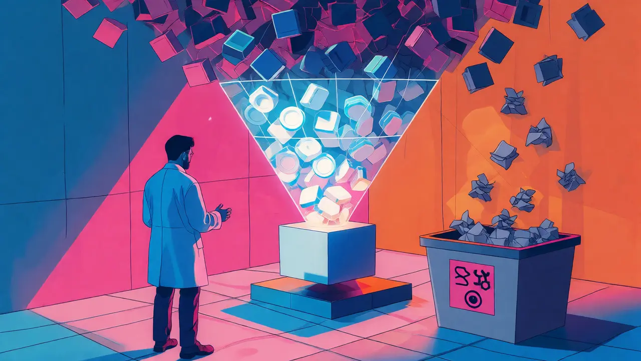 Data scientist refining inputs through a funnel, filtering noise for data-centric AI.