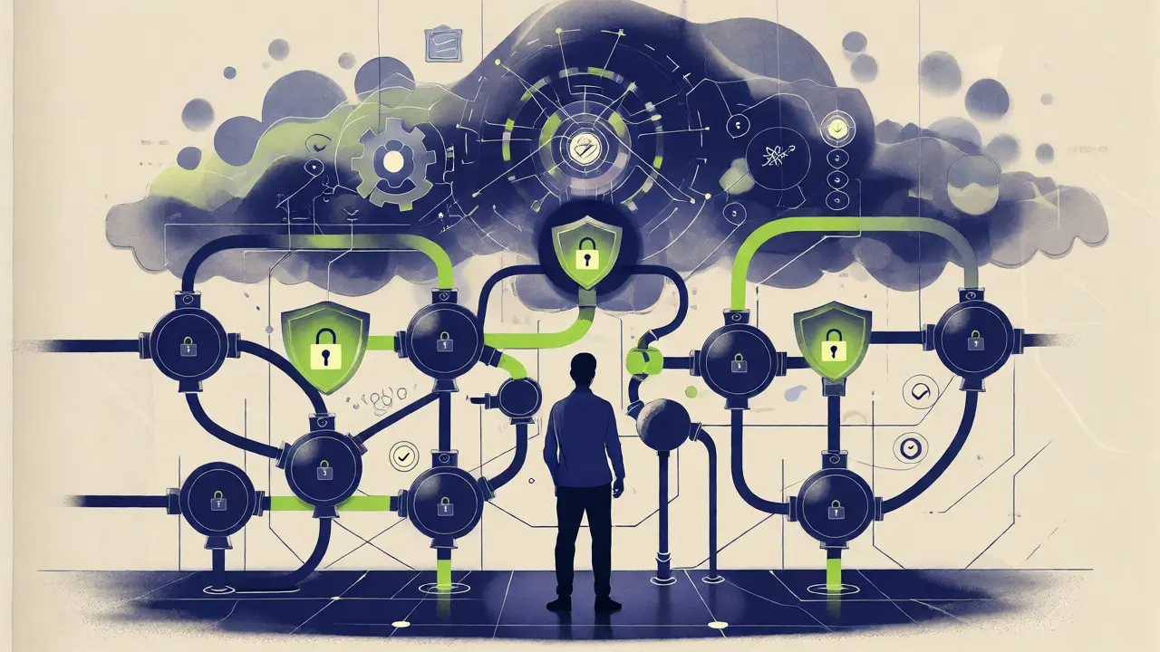 Developer overseeing a secure network of API nodes protected by shields and locks in a risograph style.