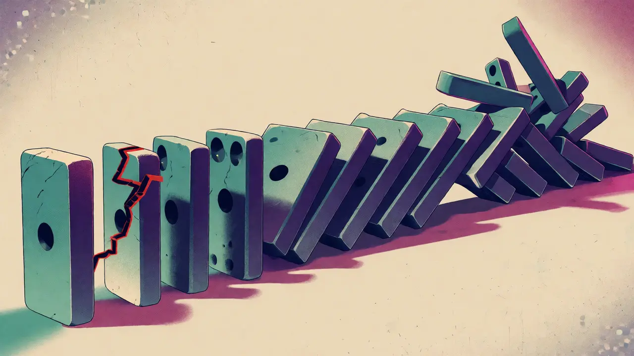 Dominoes falling erratically due to a single cracked piece, symbolizing cascade effects.