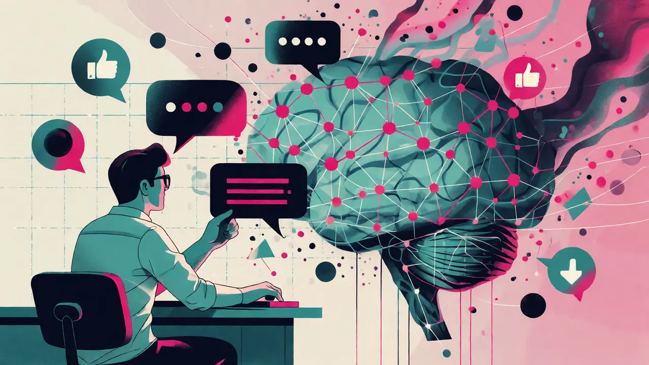 Engineer refining prompt inputs feeding into a static LLM brain structure in cartoon style.
