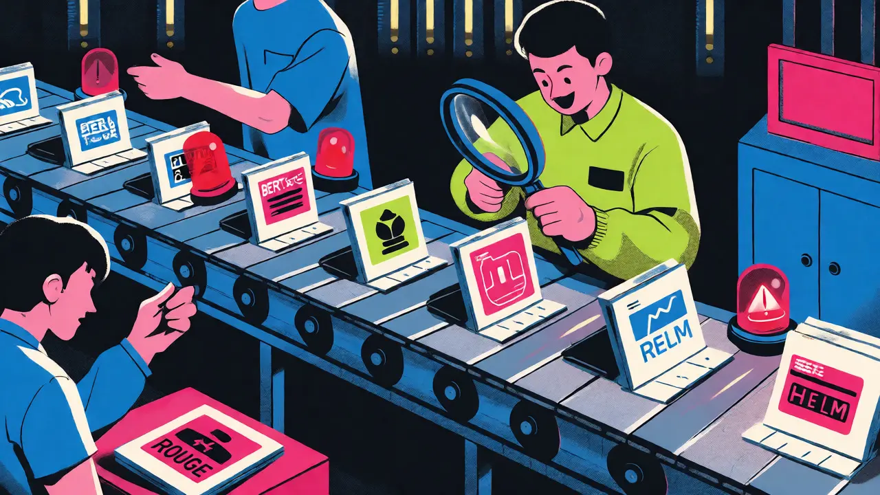 Factory pipeline stamping metrics on data packets with human inspectors checking quality.
