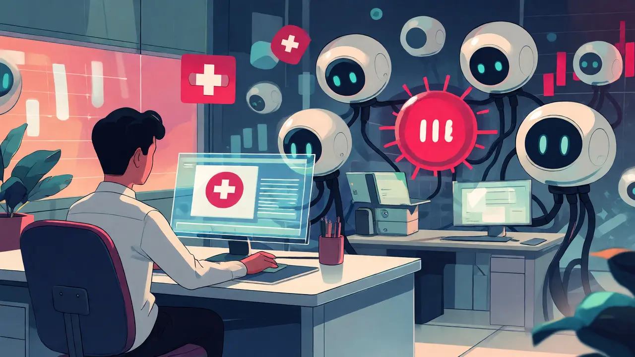Human reviewer managing critical AI alerts in a modern workspace