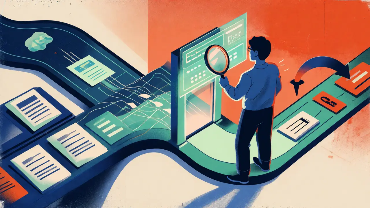 Human reviewing AI outputs at a tiered security checkpoint