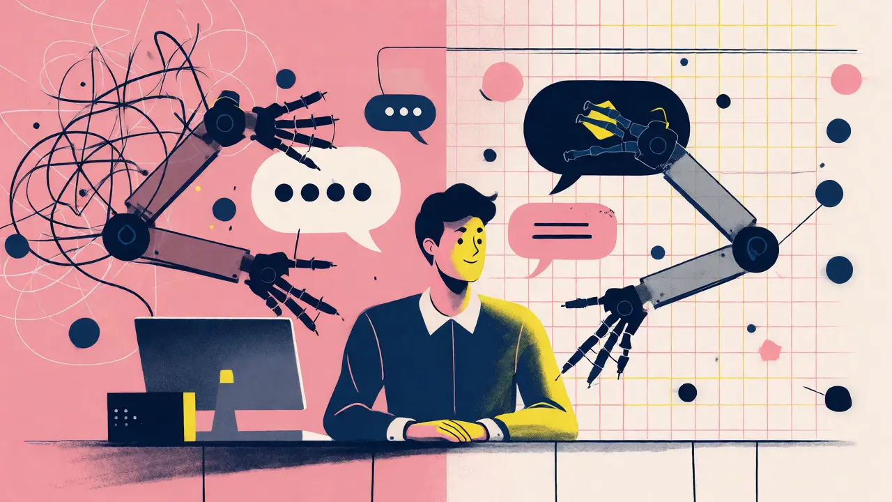 Illustration of a human agent working alongside abstract robotic arms sorting speech bubbles efficiently.