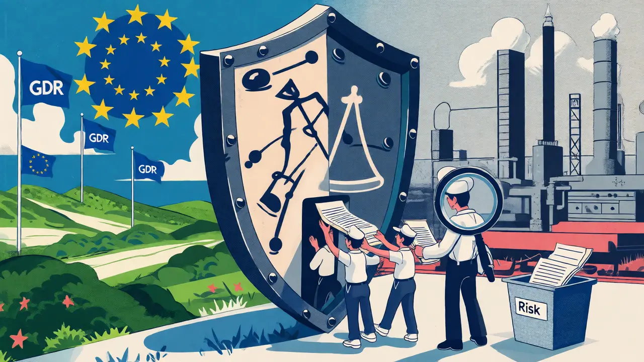 Illustration of a legal shield blocking data transfer between EU and US zones.