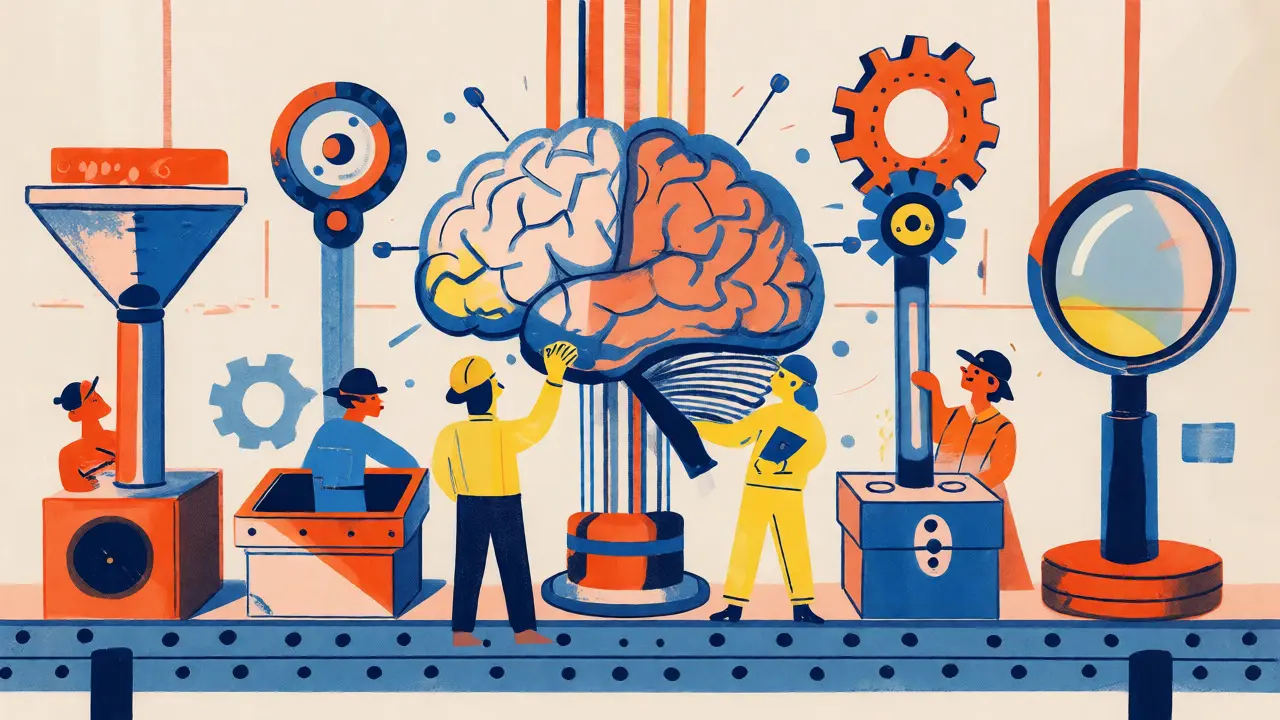 Illustration of four stages tuning an AI brain with tools.