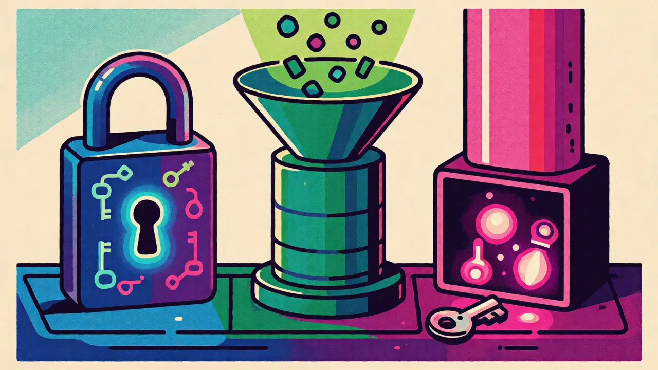 Illustration of three pillars: auth, data minimization, secret management