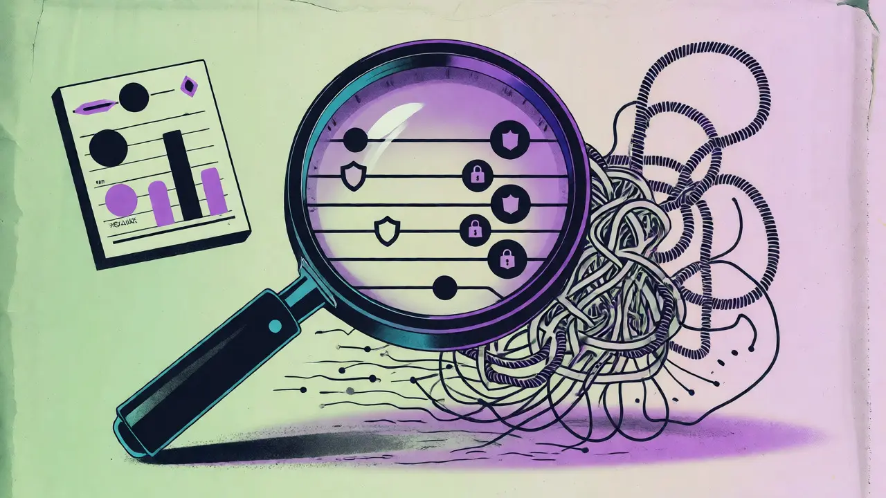 Magnifying glass organizing tangled digital threads into secure lines