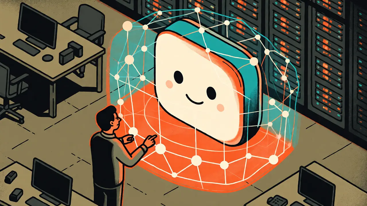 Office scene showing a human interacting with a secure, grounded AI interface projecting a data shield.