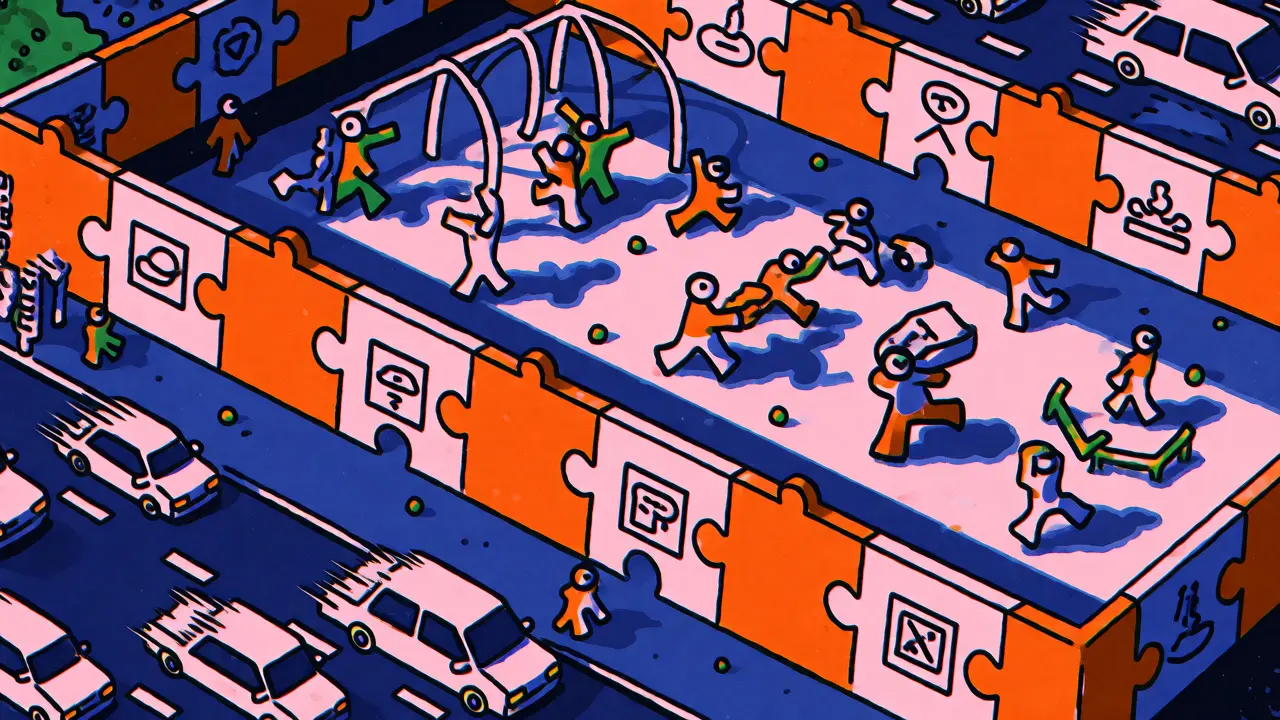 Playground enclosed by a fence keeping abstract figures safe from highway traffic.