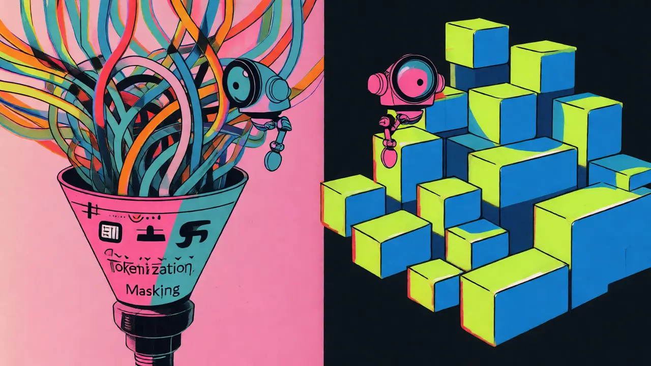 Riso art showing data processing from chaotic inputs to clean, fair geometric outputs