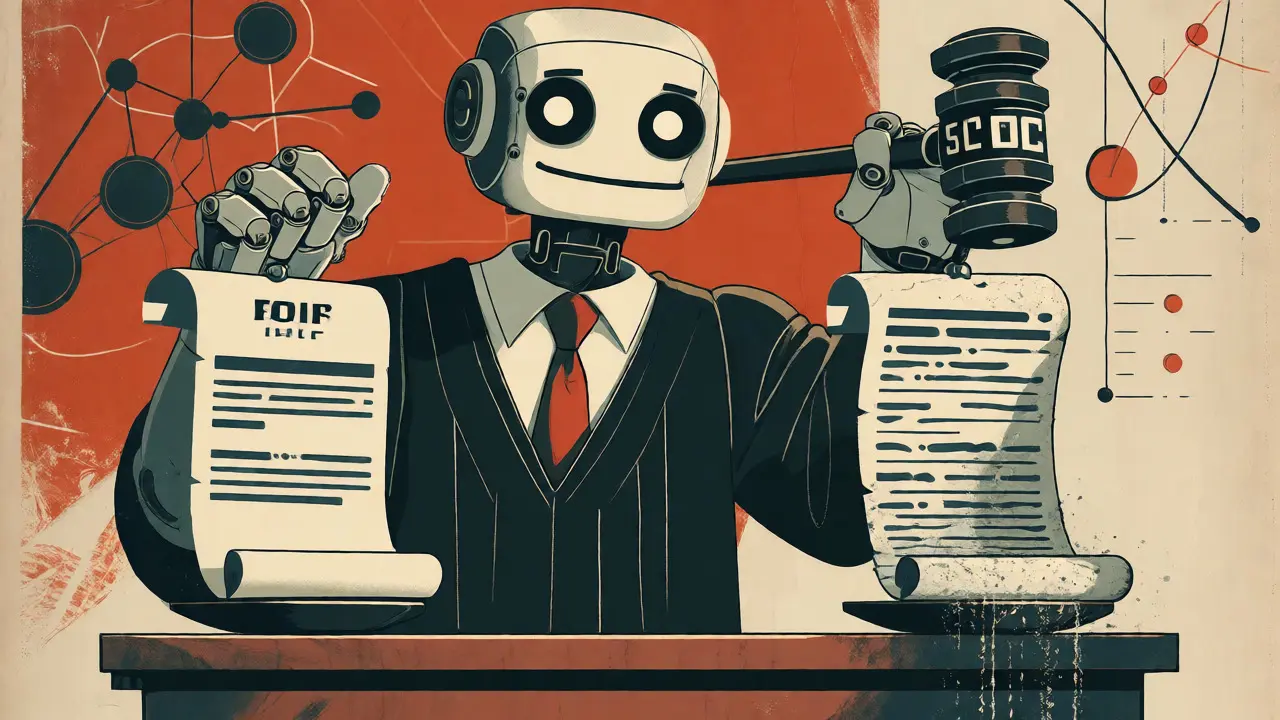 Robotic judge weighing two response scrolls to illustrate LLM-as-a-Judge evaluation.