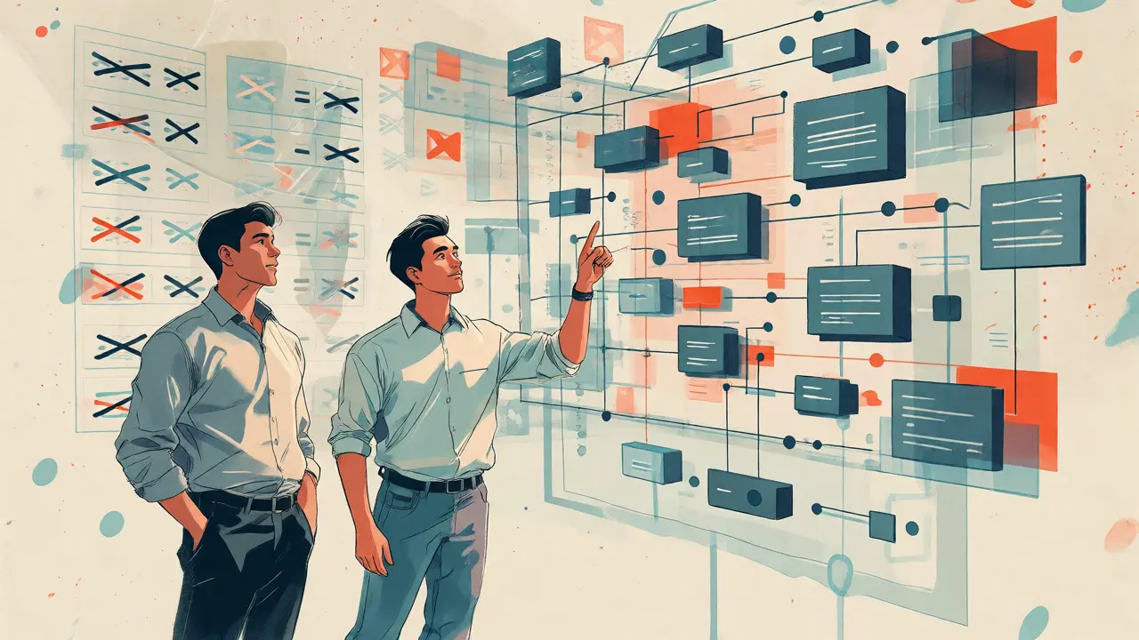 Senior and junior developers reviewing abstract architectural diagrams together.
