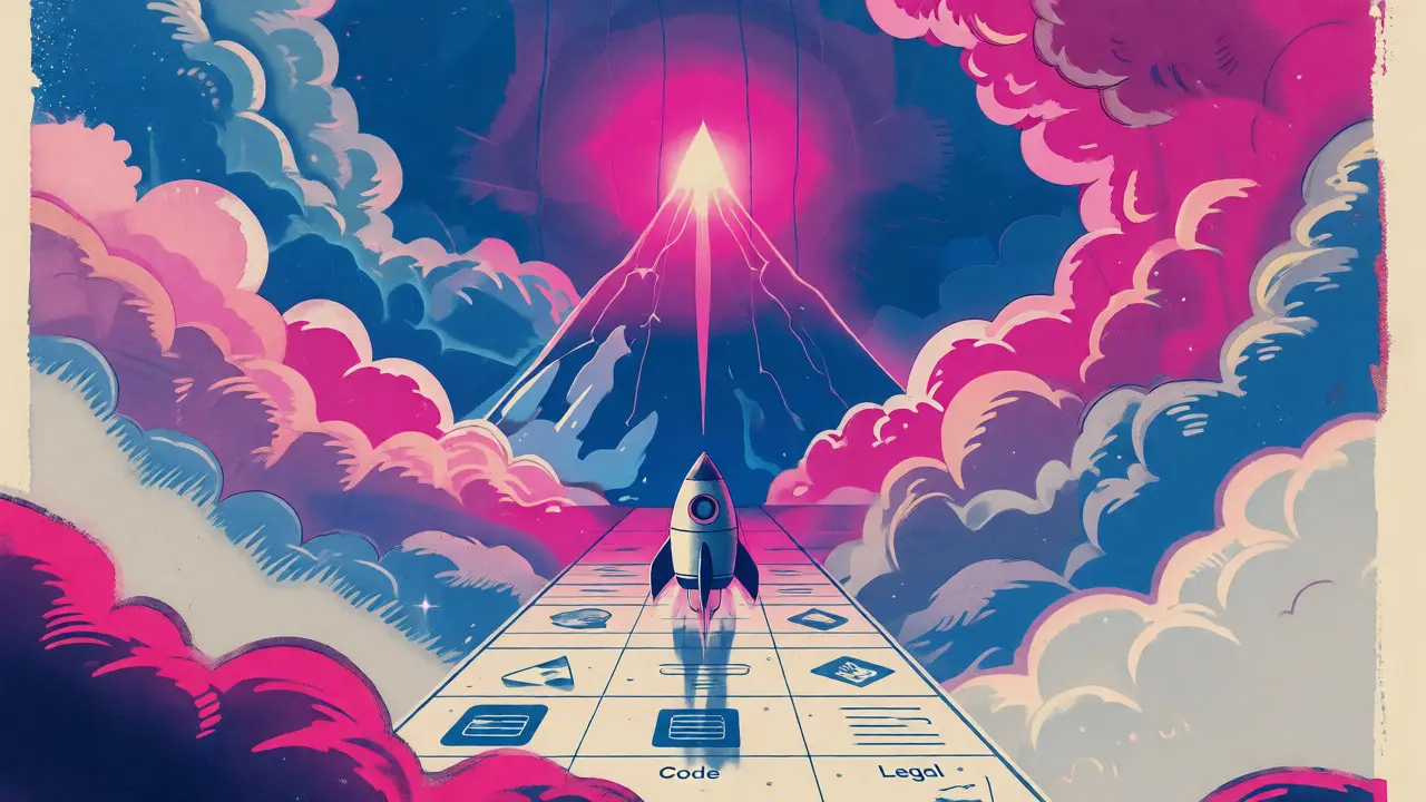 Small rocket launching vertically past abstract workflow icons toward a glowing revenue peak.