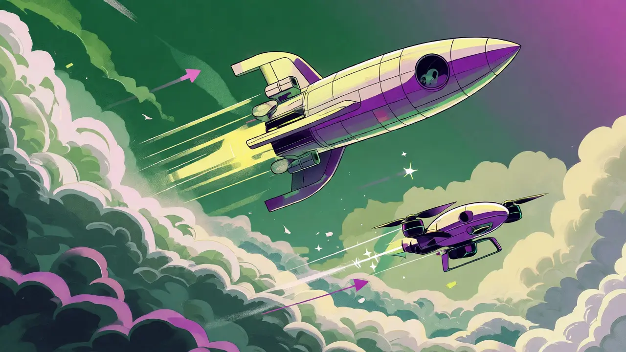 Streamlined rocket soaring efficiently through clouds, symbolizing data compression gains.