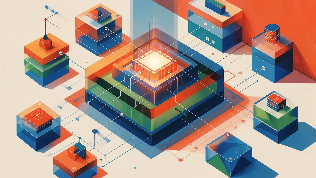Structured layers of geometric shapes feeding into an AI core illustration