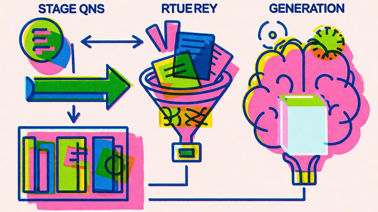 Stylized flowchart illustrating the three stages of Retrieval-Augmented Generation architecture.