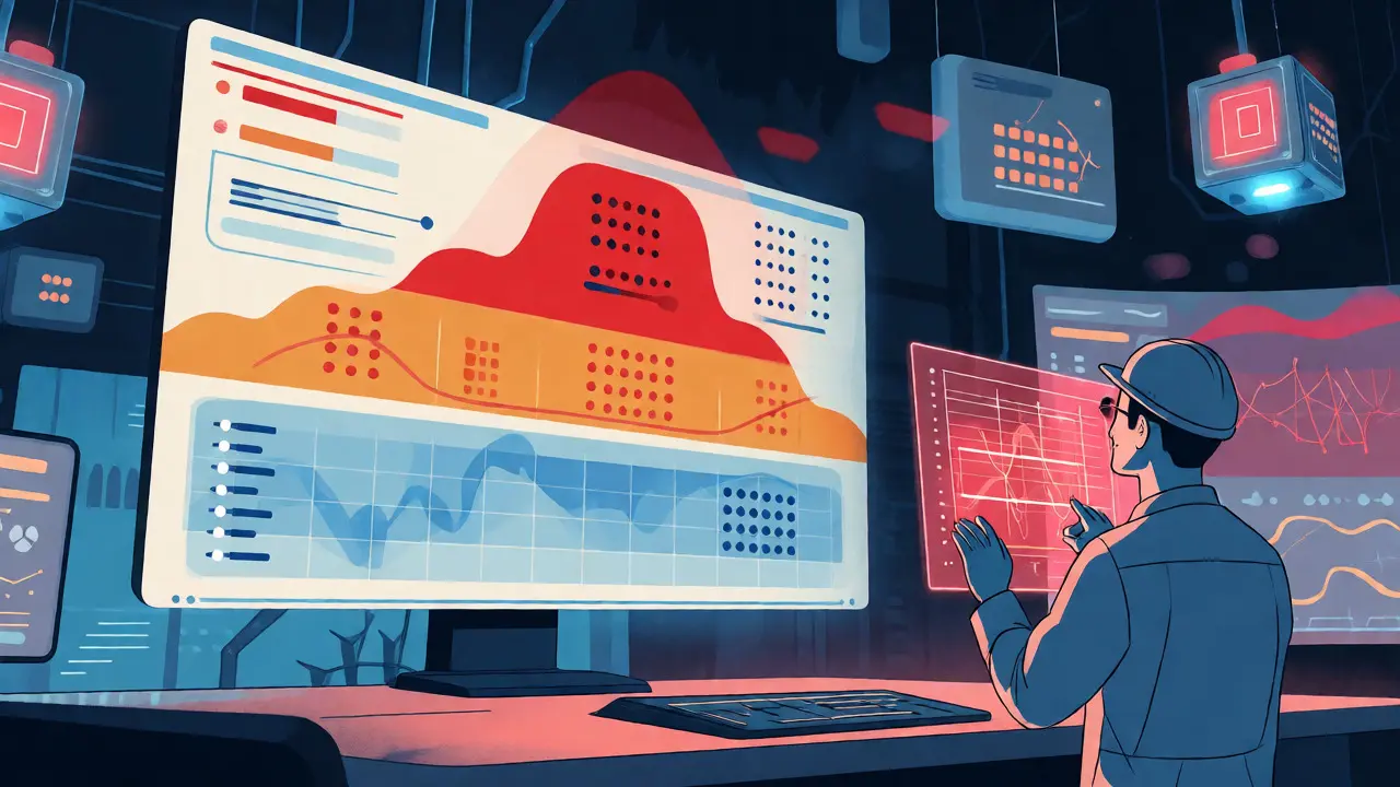 Stylized monitoring dashboard with tiered alerts and abstract data metrics.