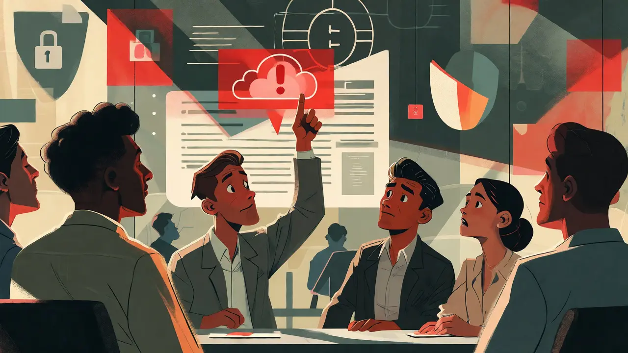 Team reviewing AI compliance risks with floating digital warnings in a meeting.
