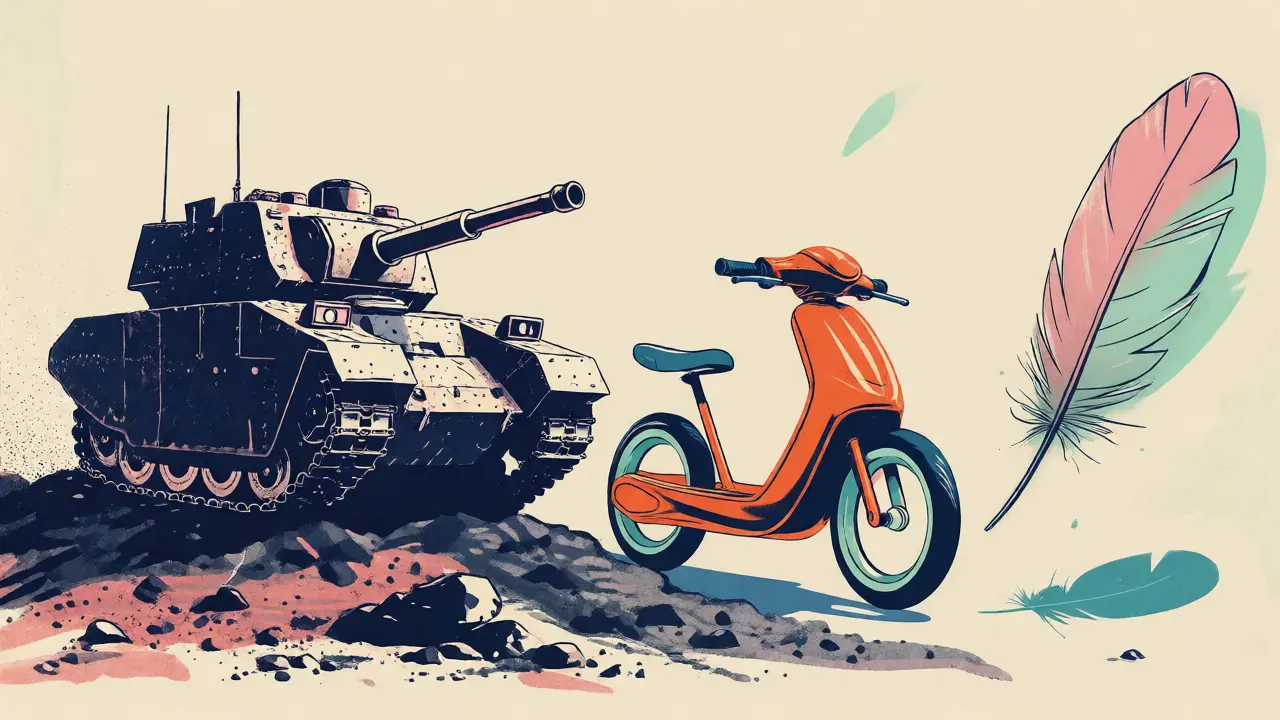 Visual comparison of sandboxing methods: heavy tank, balanced scooter, and light balloon.
